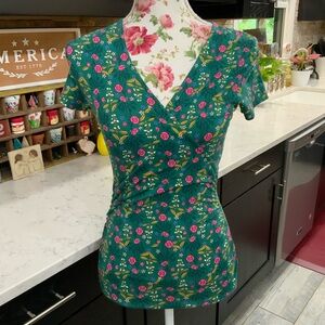 Boden Womens Size 2 Short Sleeve Wrap Top Shirt Bright Floral Green New With Tag